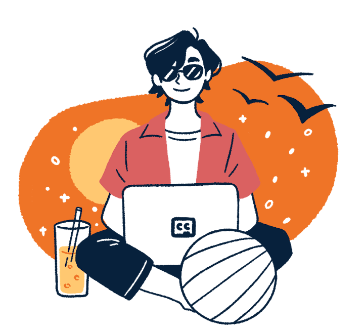 Our mascot enjoying summer with sun, cool drinks, and fun outdoor activities.